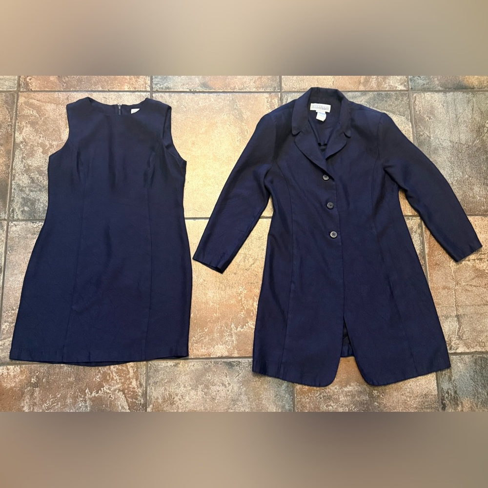 Jessica Howard Vintage 2 Piece Navy Blue Linen Dress and Coat Set